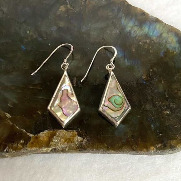 Sterling Silver 925 1.68" Kite Shaped Abalone Shell Inlay Dangle Earrings - Picture 11 of 16
